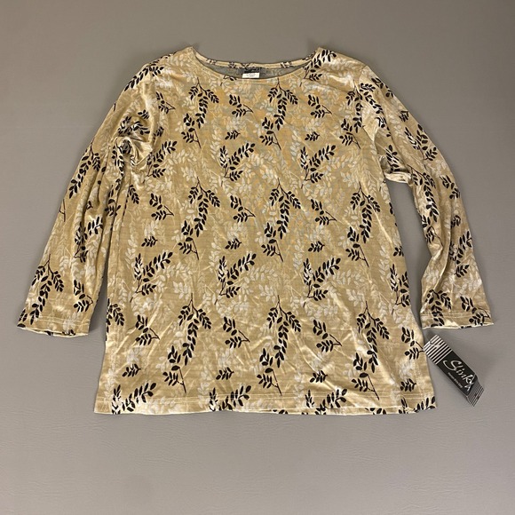 Slinky Brand Leaf Print Top 3/4 Sleeve Lightweight Blouse Tan‎ Large New NWT - Picture 1 of 13